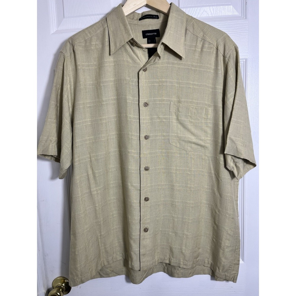 Claiborne Men's Medium Linen Blend Shirt Italian Fabric Short Sleeve Plaid Beige
